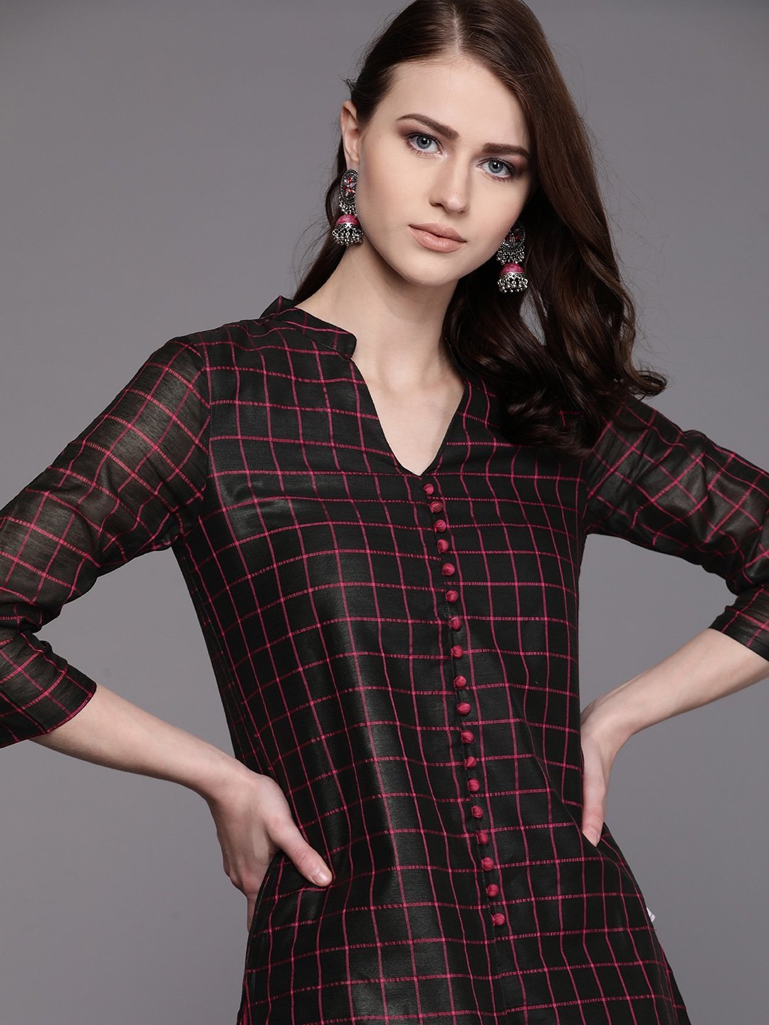 Women's  Black & Pink Checked Kurta with Palazzos