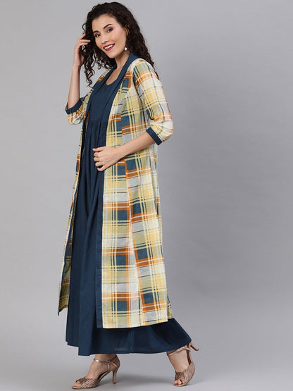 Women's  Navy Blue Solid Maxi Dress With Jacket