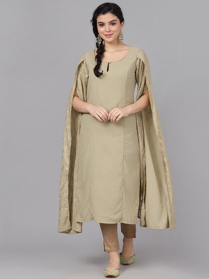 Women's  Taupe & Gold-Coloured Printed Straight Kurta