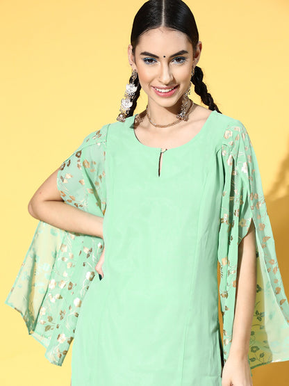 Women's Sea Green Gold Foil Print Kurta With Potli Bag