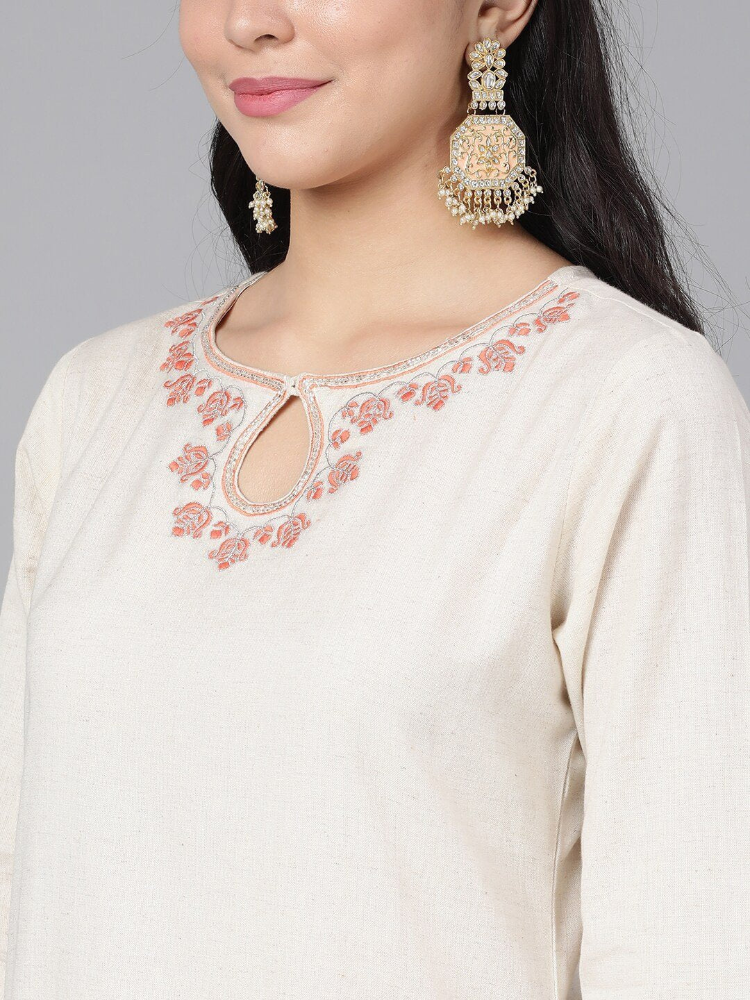 Women's  Off-White & Peach-Coloured Yoke Design Kurta with Skirt