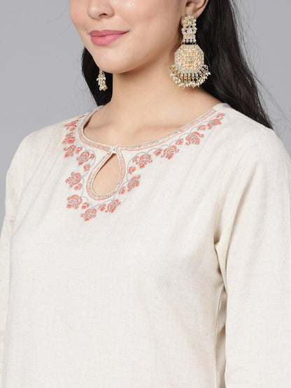 Women's  Off-White & Peach-Coloured Yoke Design Kurta with Skirt