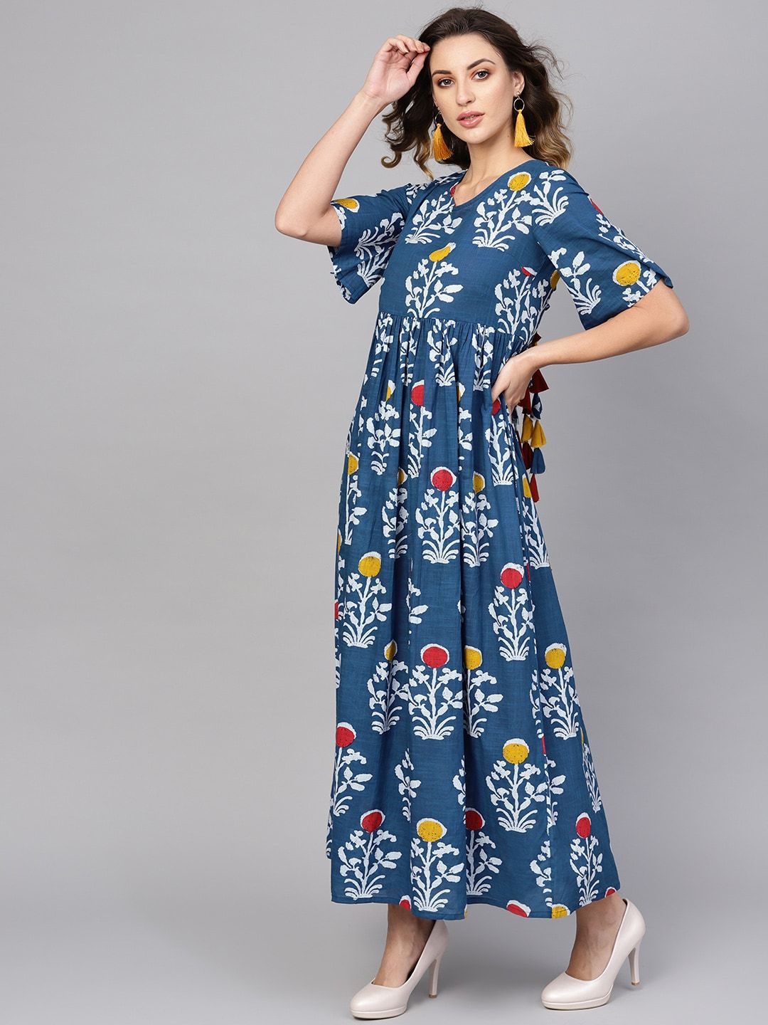 Women's  Blue & White Printed Maxi Dress