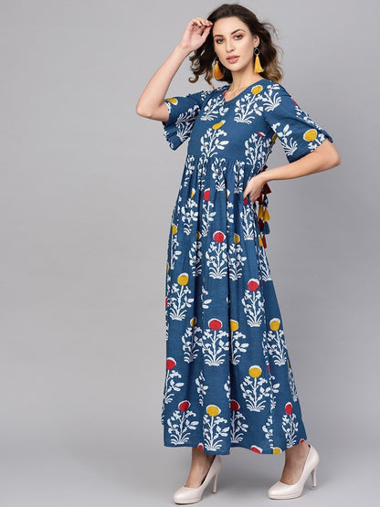 Women's  Blue & White Printed Maxi Dress