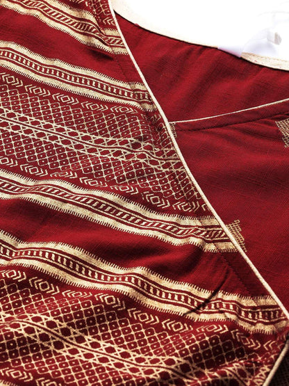 Women's  Maroon & Golden Screen Print Angrakha Anarkali Kurta