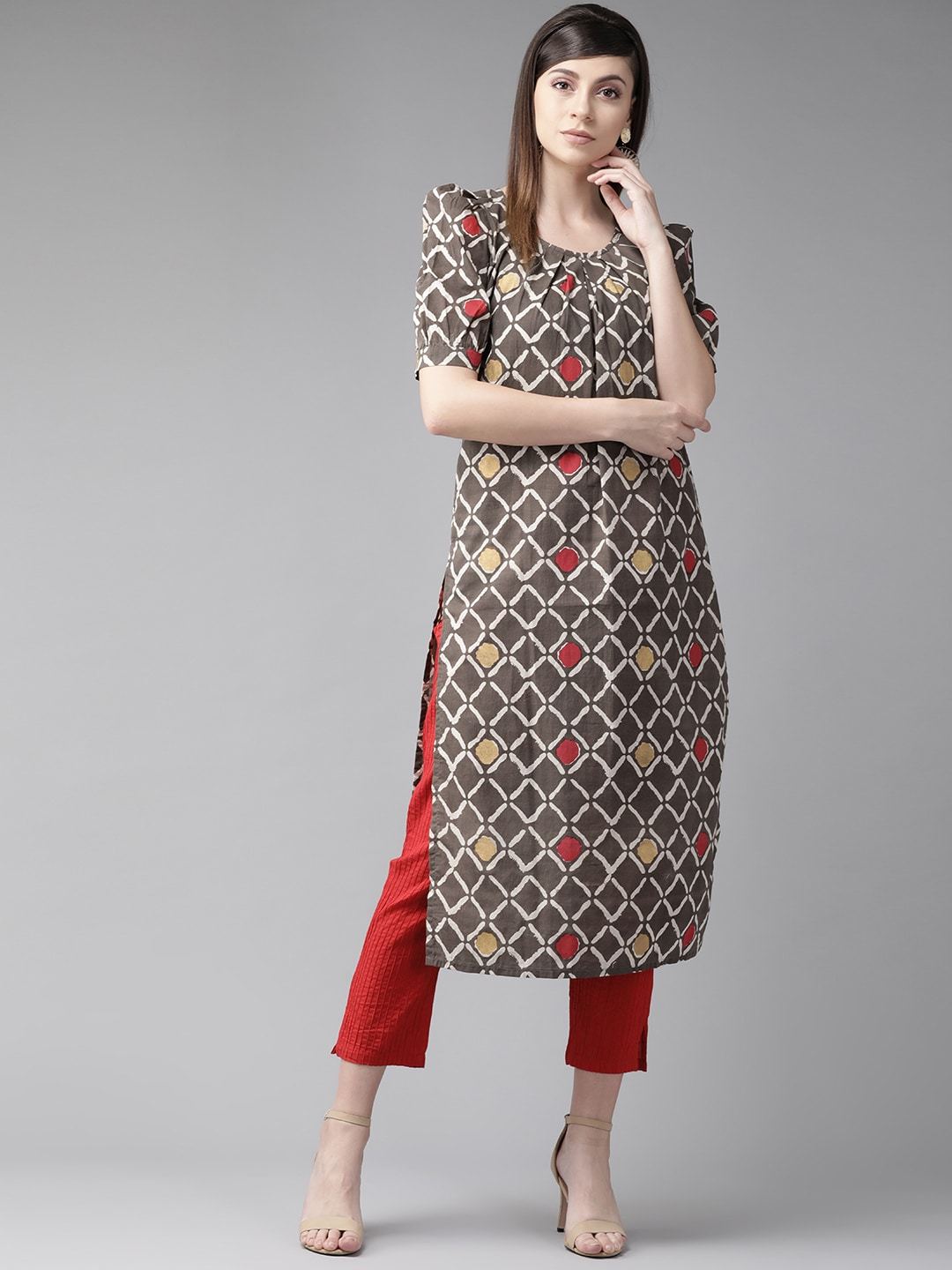 Women's  Brown & Off-White Checked Straight Kurta