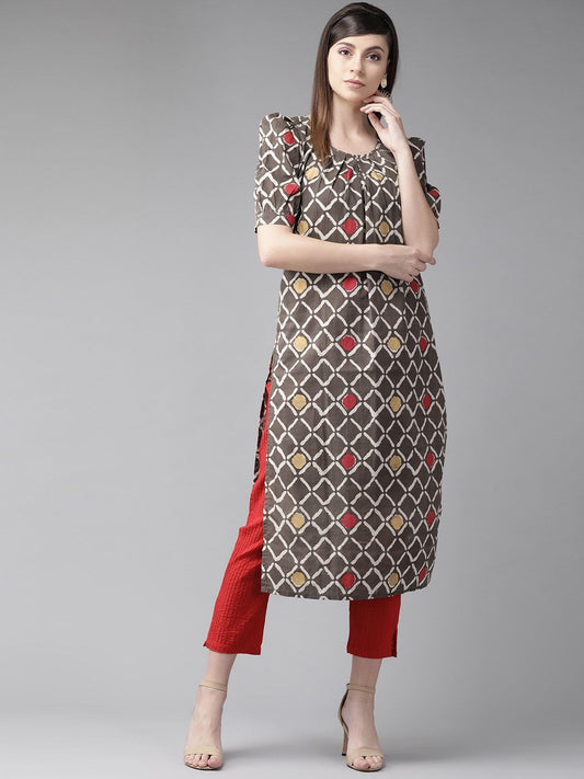 Women's  Brown & Off-White Checked Straight Kurta