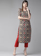 Women's  Brown & Off-White Checked Straight Kurta