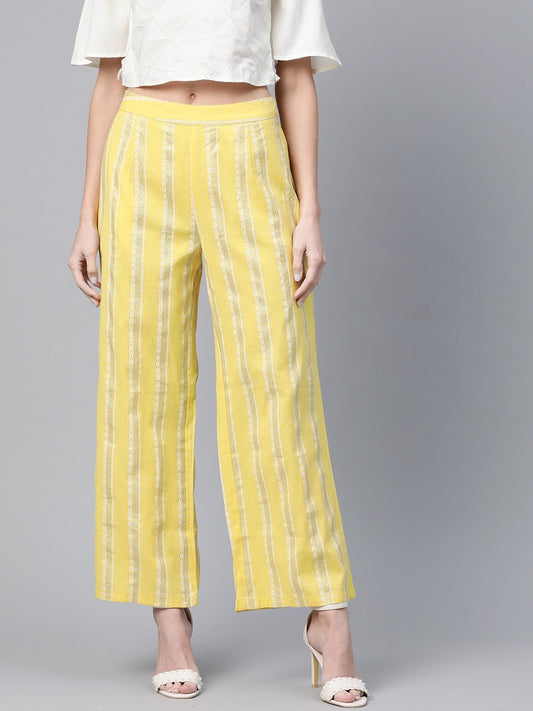 Women's  Yellow & Silver Khari Striped Straight Palazzos