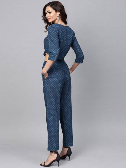 Women's  Navy Blue Handblock Print Crop Top with Palazzos