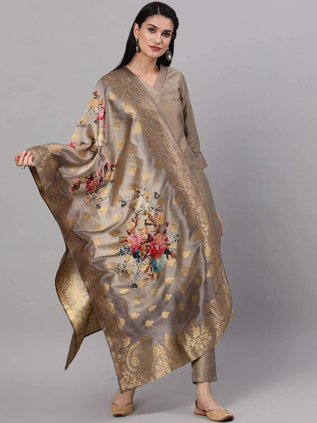 Women's  Taupe Solid Kurta with Trousers & Dupatta