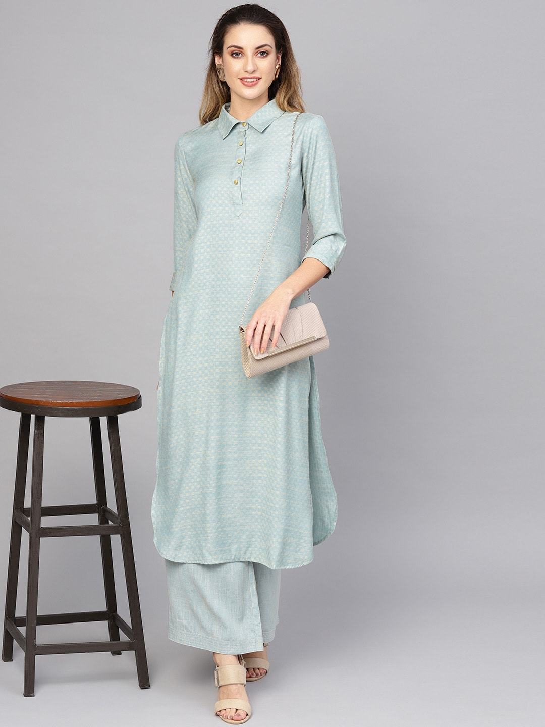 Women's  Blue & Golden Self Design Pathani Kurta