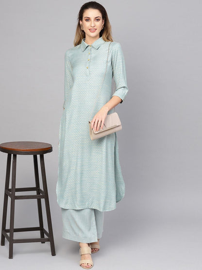 Women's  Blue & Golden Self Design Pathani Kurta