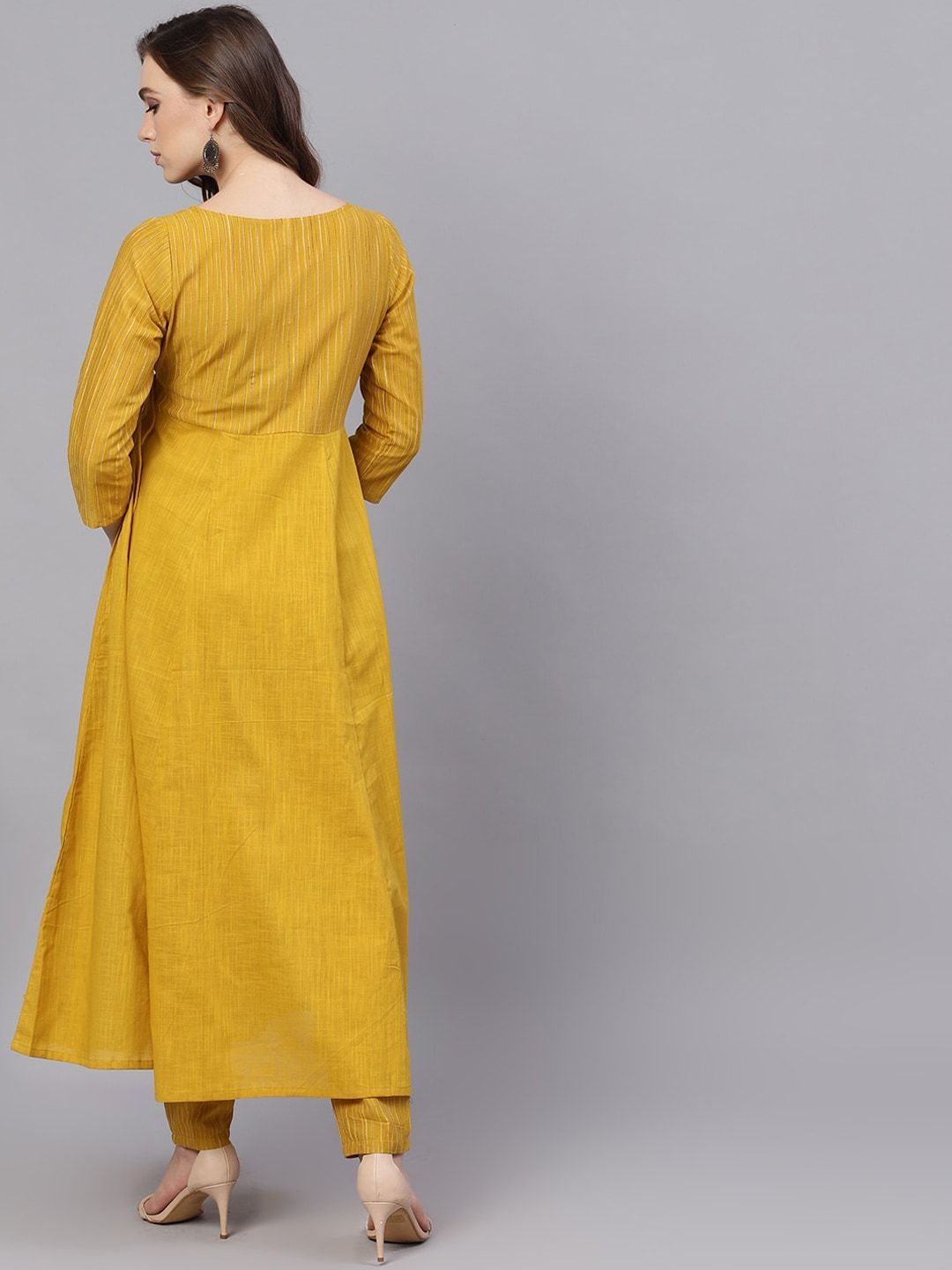 Women's  Mustard Yellow Striped Anarkali Kurta