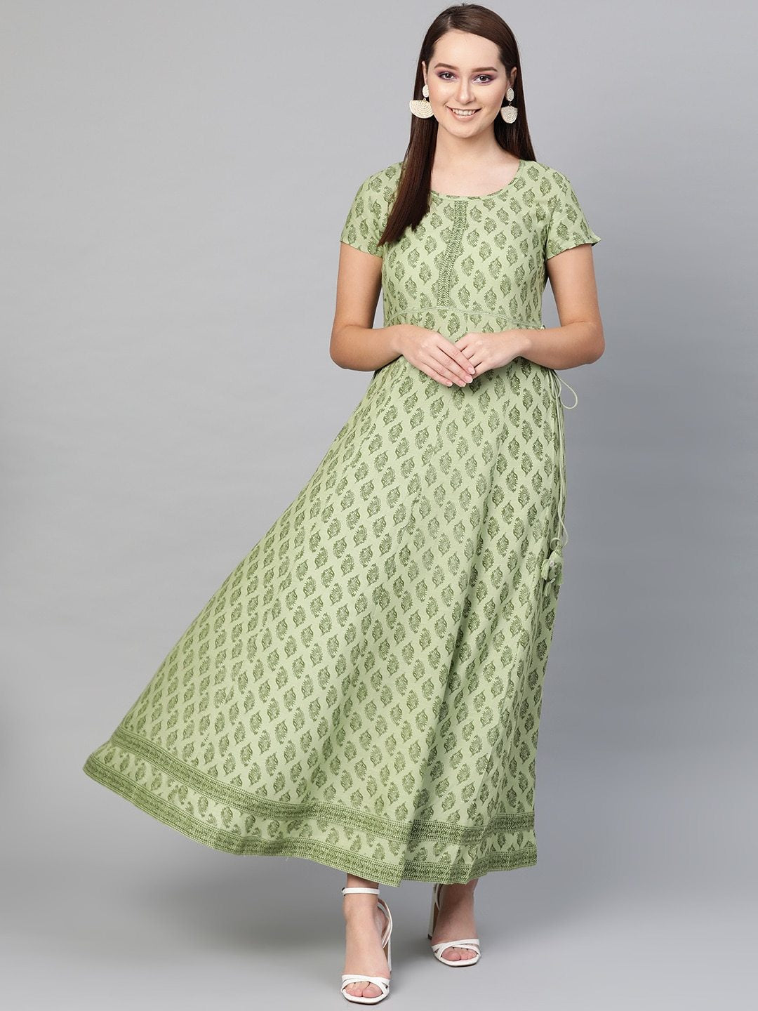 Women's  Green Printed Fit and Flare Dress