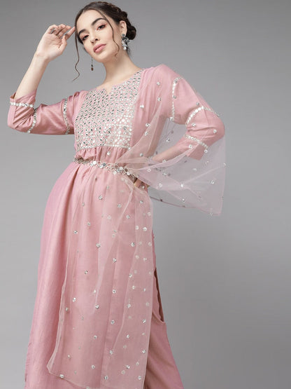 Women's Mauve & Silver Embroidered Mirror Work Kurta with Trousers & Dupatta