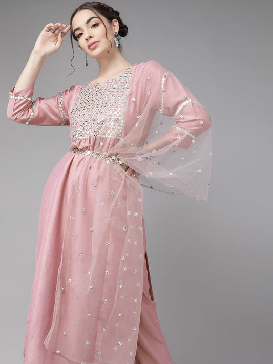 Women's Mauve & Silver Embroidered Mirror Work Kurta with Trousers & Dupatta