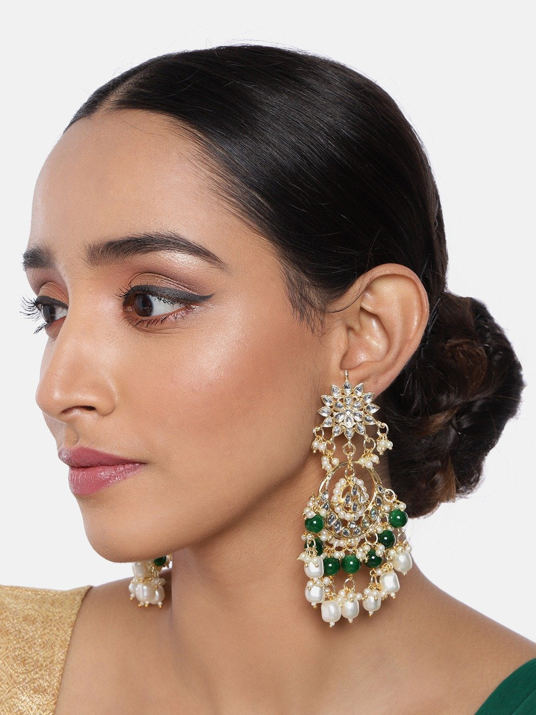 Women's  Gold Plated Green Handcrafted Pearl Kundan Beaded Chandbali Earrings
