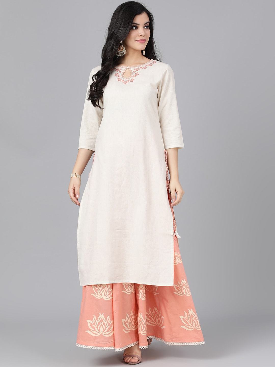Women's  Off-White & Peach-Coloured Yoke Design Kurta with Skirt
