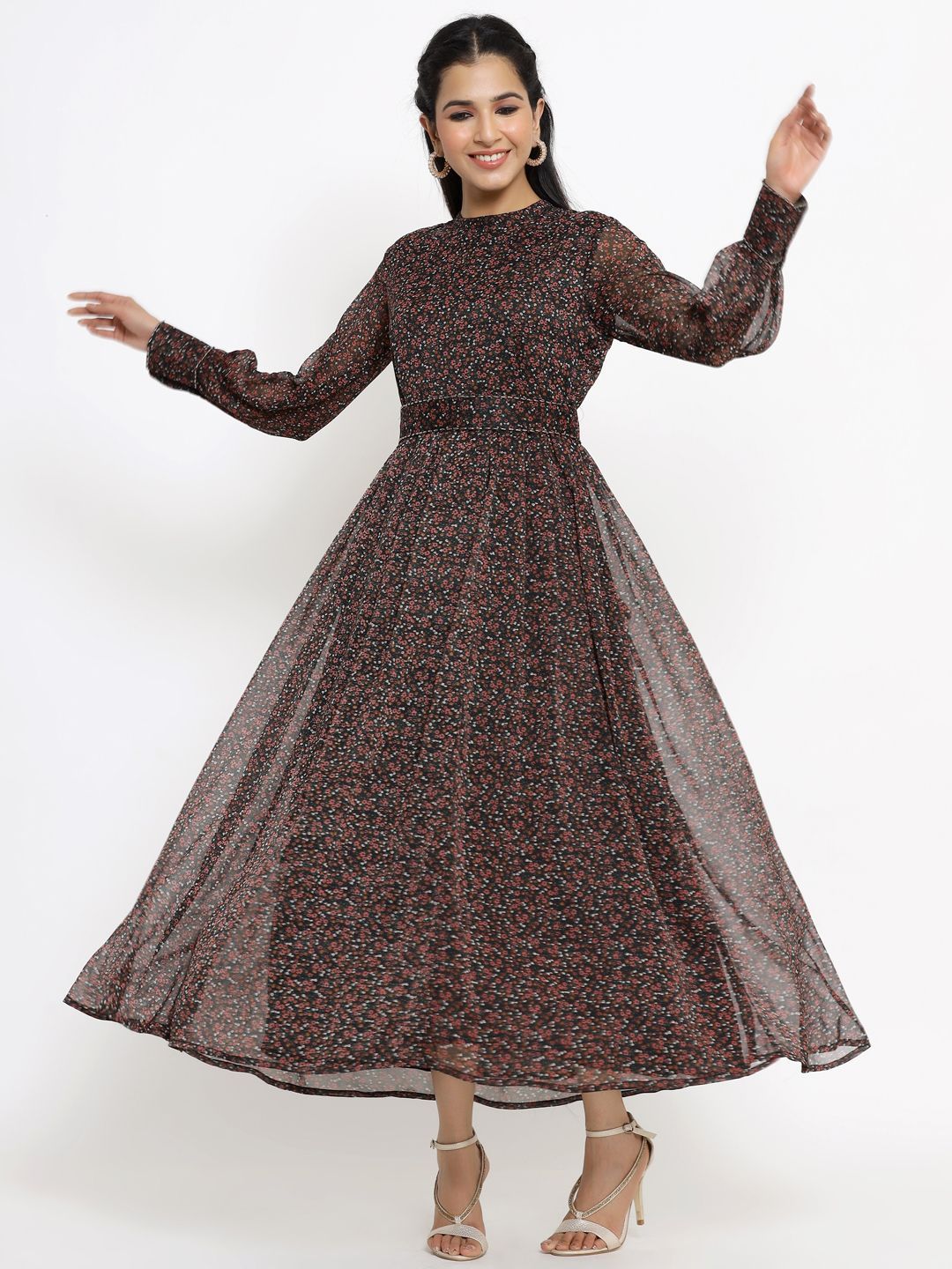 Women's Black Alphin Chiffon Flared Printed Dress With Tie-up Blet2