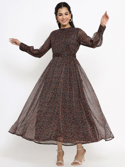 Women's Black Alphin Chiffon Flared Printed Dress With Tie-up Blet2
