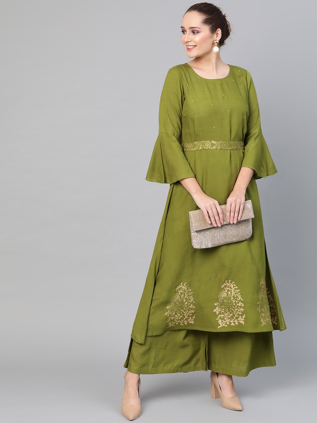 Women's  Green & Golden Printed Detail Kurta with Palazzos