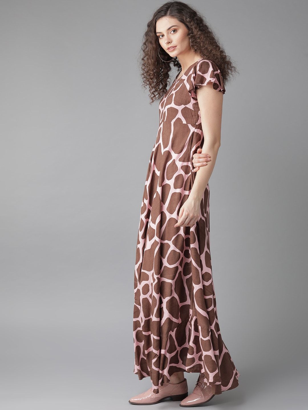 Women's  Pink & Brown Animal Printed Maxi Dress