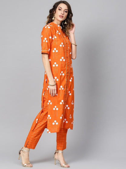Women's  Orange & White Block Printed Kurta with Trousers & Dupatta