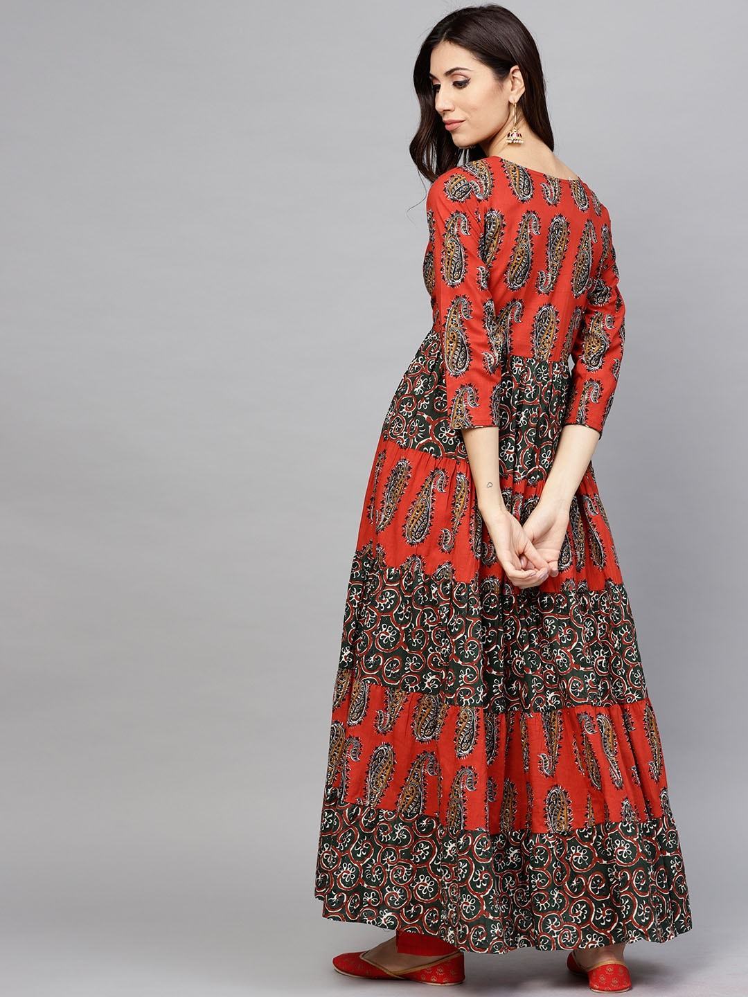 Women's  Rust Orange & Green Printed Tiered Anarkali Kurta
