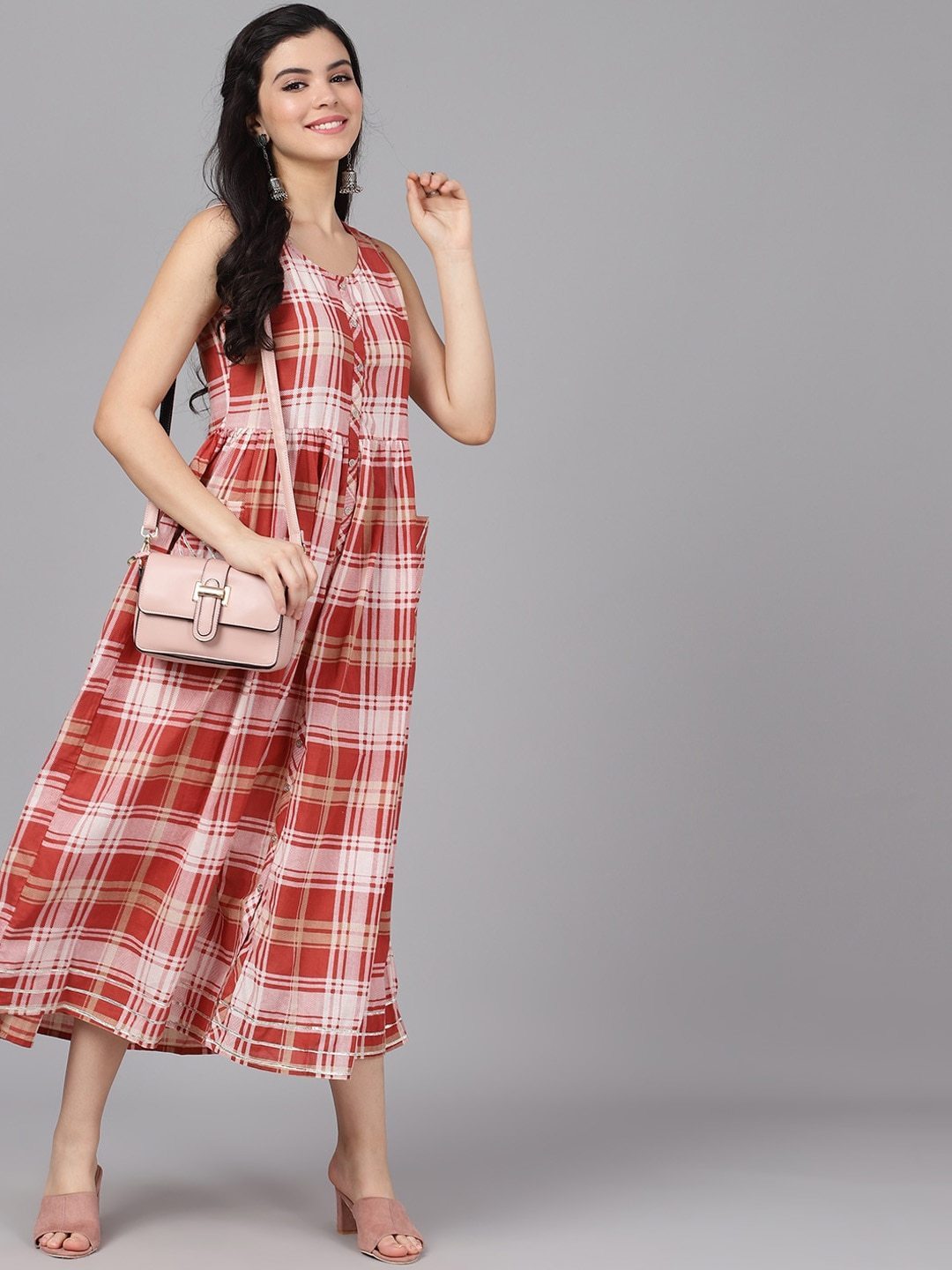 Women's  Rust Red & Off-White Checked A-Line Dress