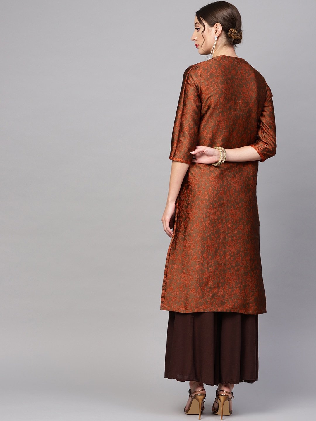 Women's  Orange & Brown Woven Design Brocade Reversible Straight Kurta