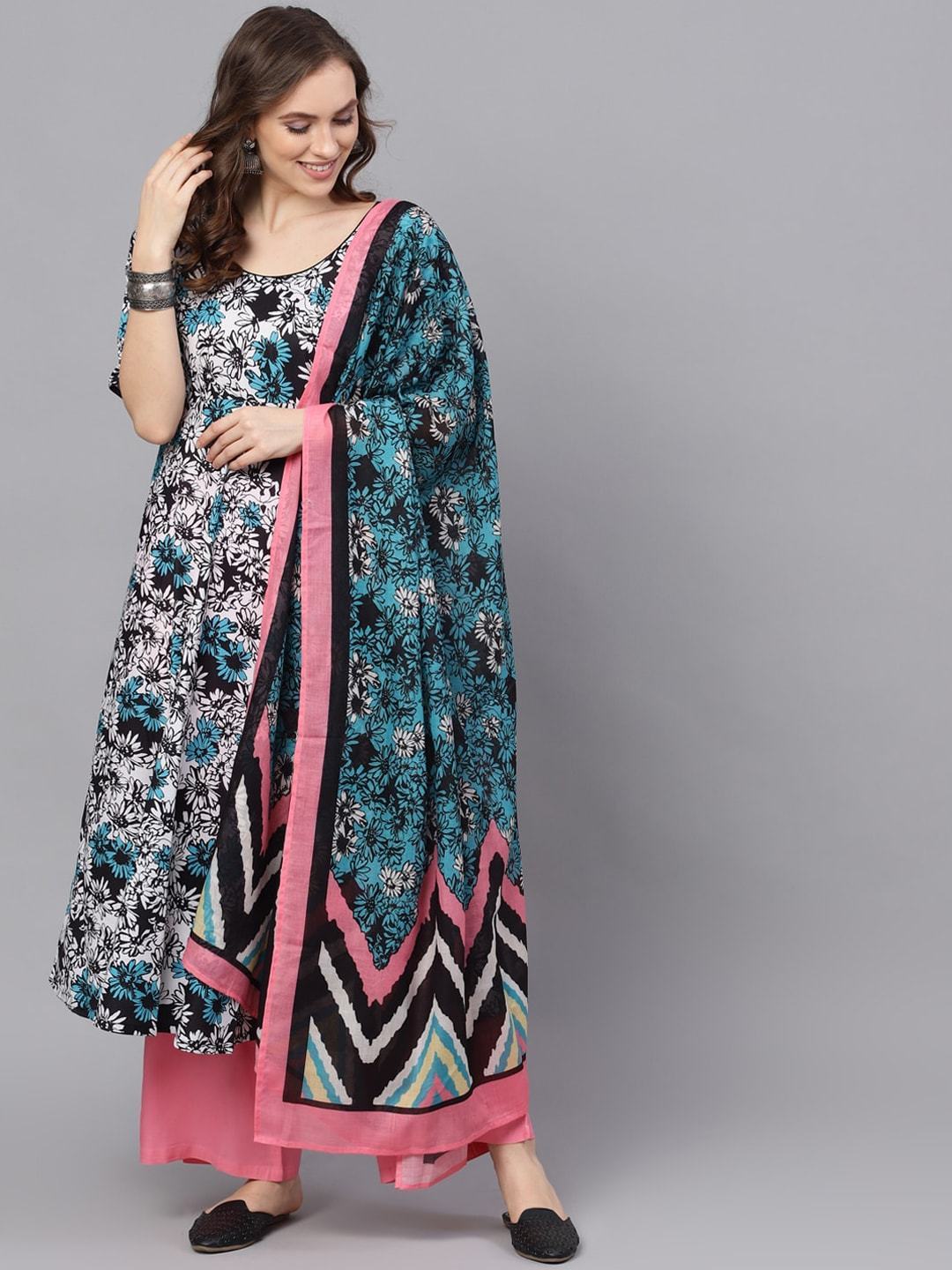 Women's  Blue & Pink Printed Made To Measure Kurta with Palazzos & Dupatta