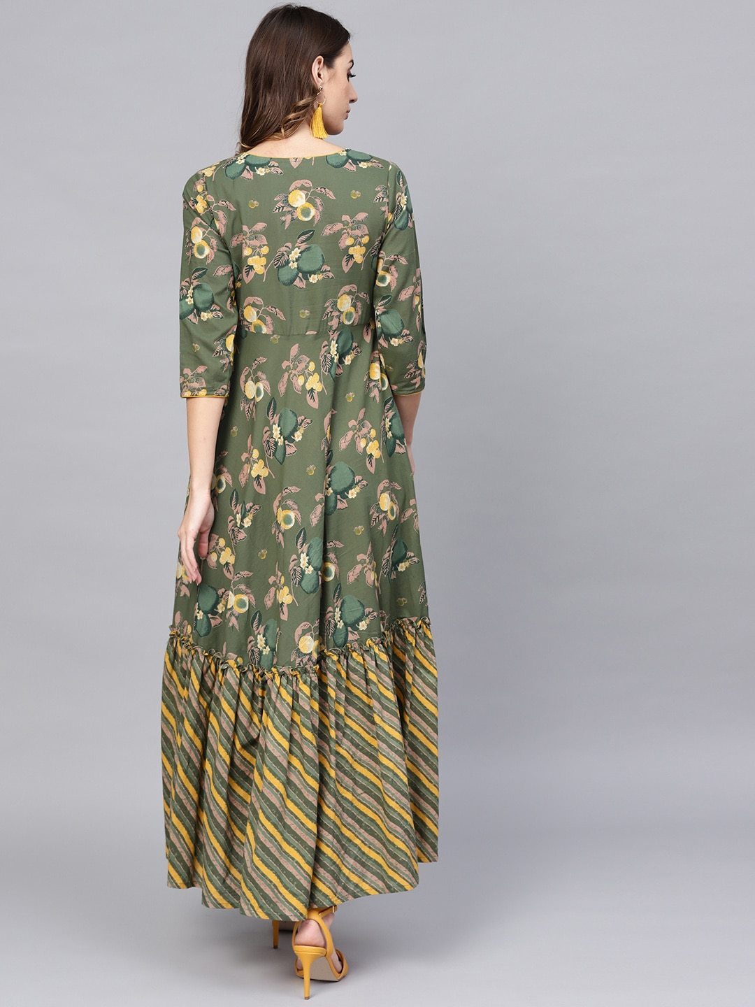 Women's  Green & Yellow Floral Printed Maxi Dress