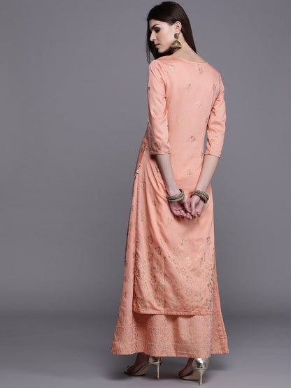 Women's  Peach-Coloured & Golden Printed Kurta with Skirt