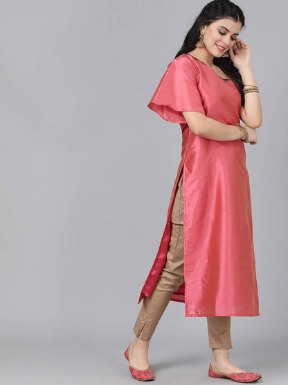 Women's  Pink Solid Straight Kurta