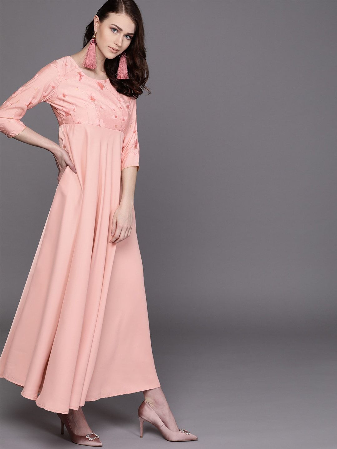 Women's  Pink Printed Detail Satin Finish Empire Maxi Dress