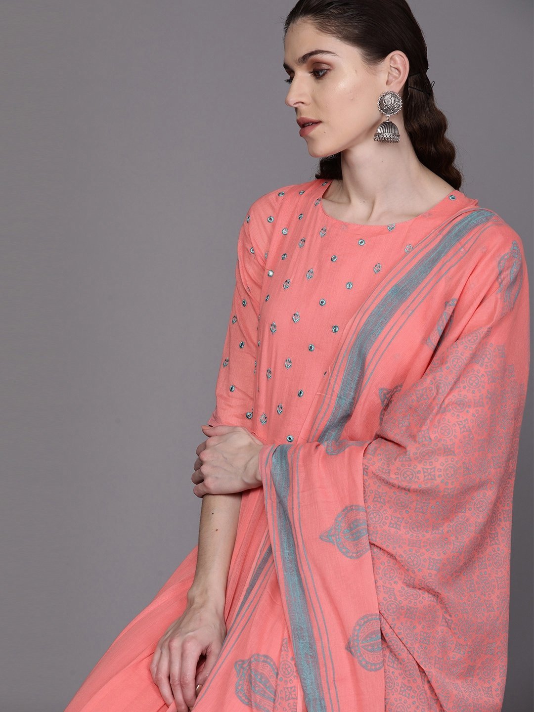 Women's  Peach-Coloured & Teal Blue Yoke Design Anarkali Kurta With Dupatta