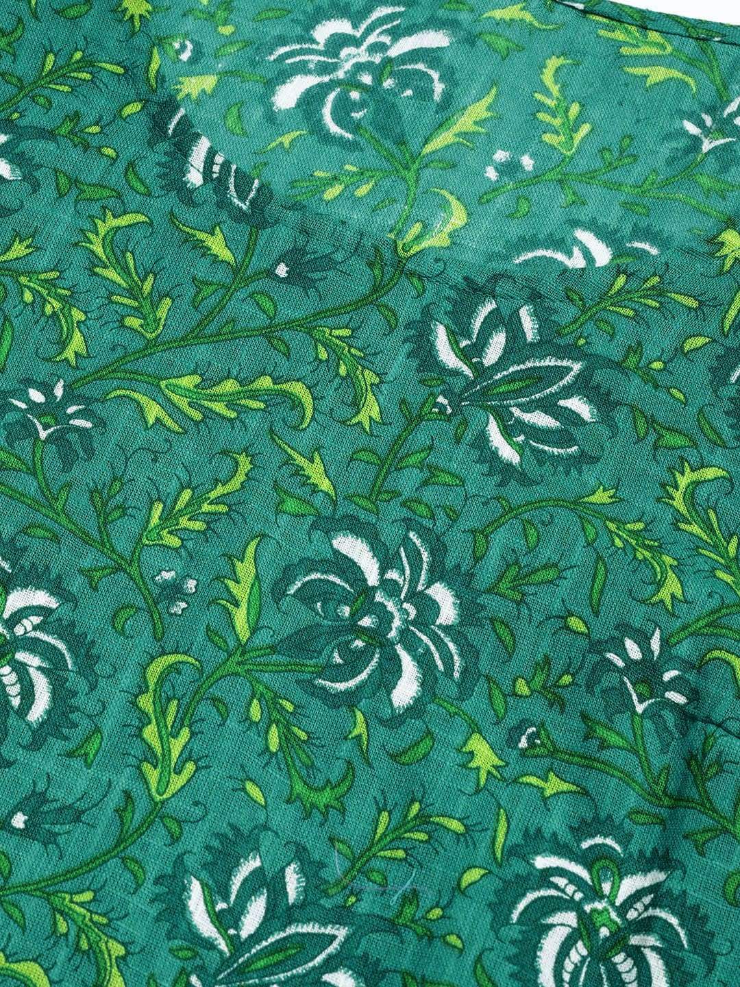 Women's  Green & Off-White Printed Kurta with Skirt