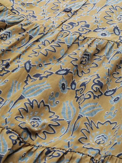 Women's  Beige & Blue Printed Tiered Anarkali Kurta