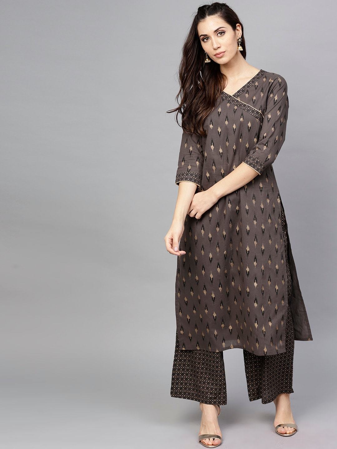 Women's  Charcoal & Gold-Toned Printed Kurta with Trousers