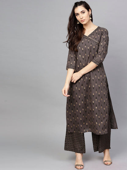 Women's  Charcoal & Gold-Toned Printed Kurta with Trousers