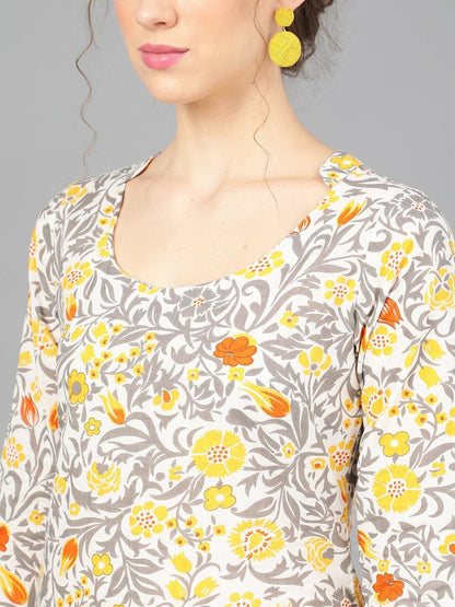 Women's  Grey & Yellow Printed Straight Kurta