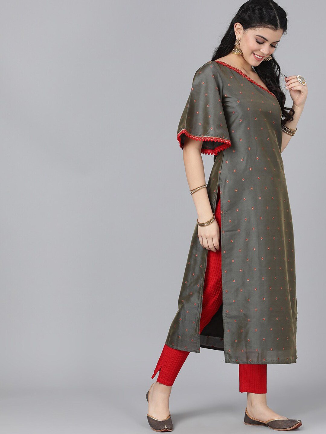 Women's  Olive Brown & Red Woven Design One Shoulder Straight Kurta