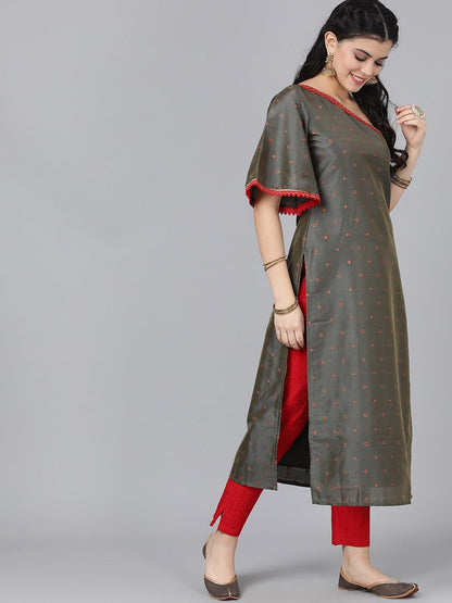 Women's  Olive Brown & Red Woven Design One Shoulder Straight Kurta