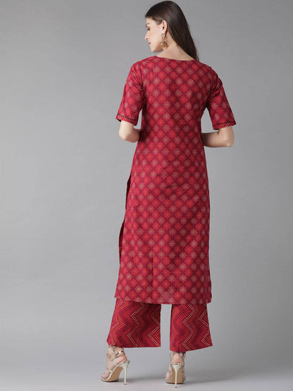 Women's  Maroon & Golden Printed Kurta with Palazzos