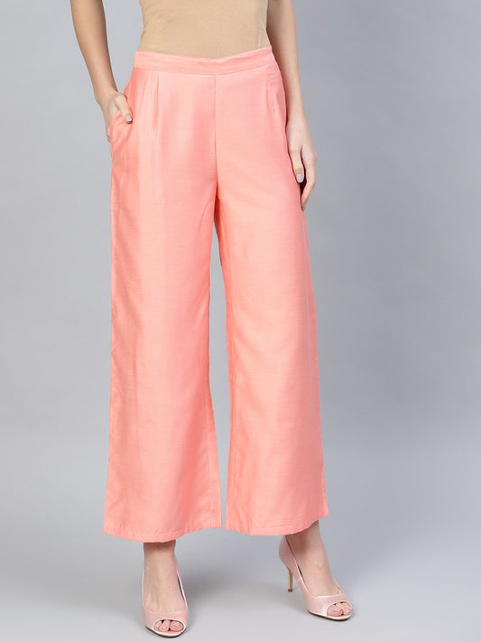 Women's  Peach-Coloured Solid Straight Palazzos
