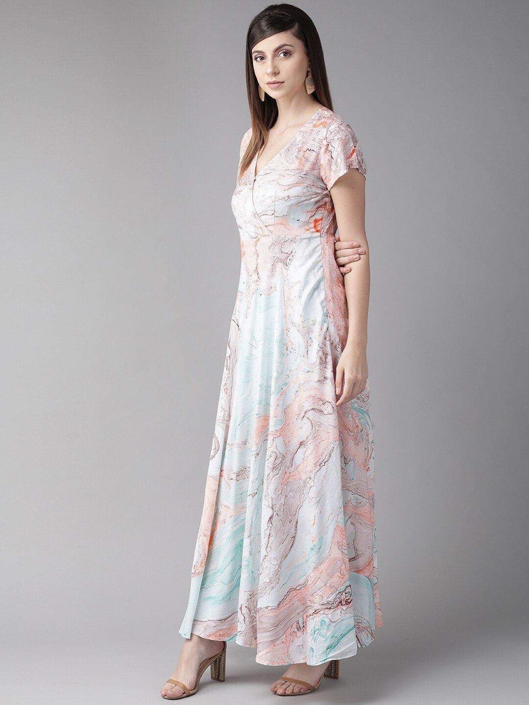 Women's  Sea Green & Coral Pink Printed Maxi Dress