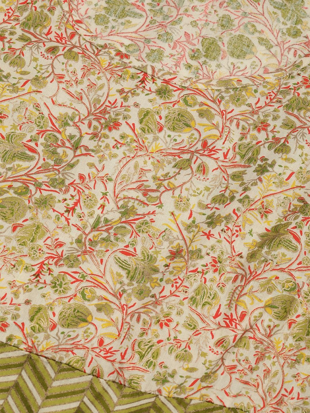 Women's  Cream-Coloured & Green Khari Print Tiered A-Line Kurta