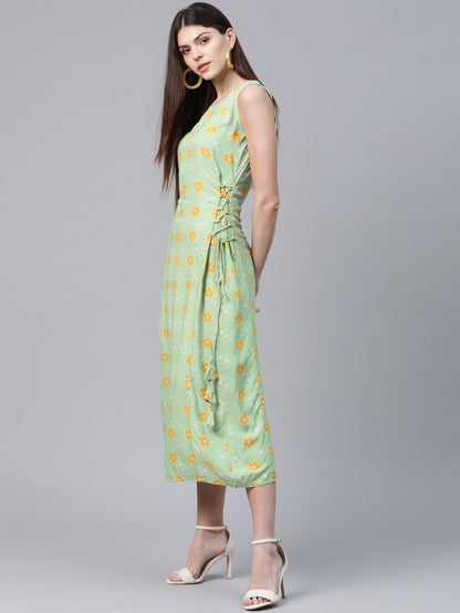 Women's  Green & Mustard Yellow Floral Printed A-Line Dress