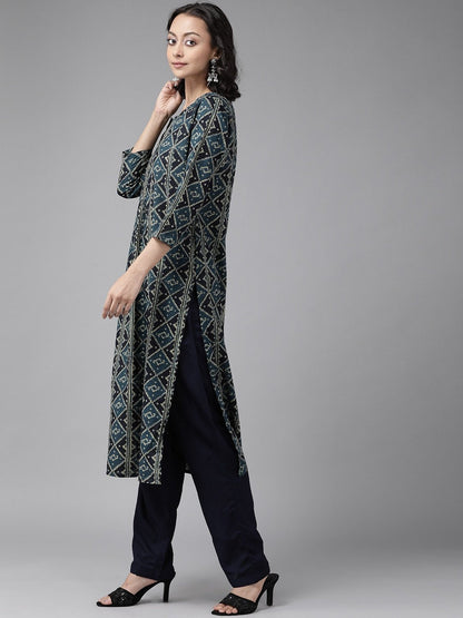 Women's Teal Blue & Black Kurta Set